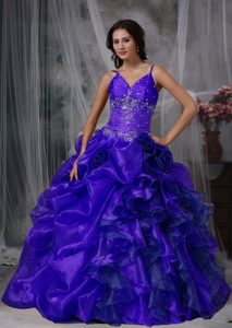 Sweet Purple Ball Gown Straps Beaded Ruffled Quince Dress in Organza